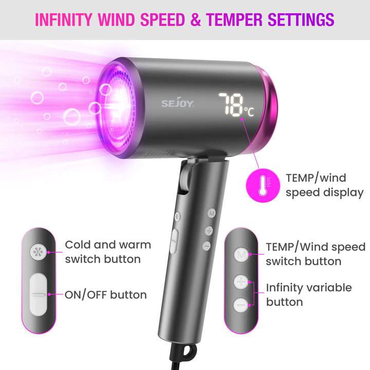 Perfect High Speed Hair Dryer, 1800W Powerful Fast Blow , LED Display Compactor for Travel