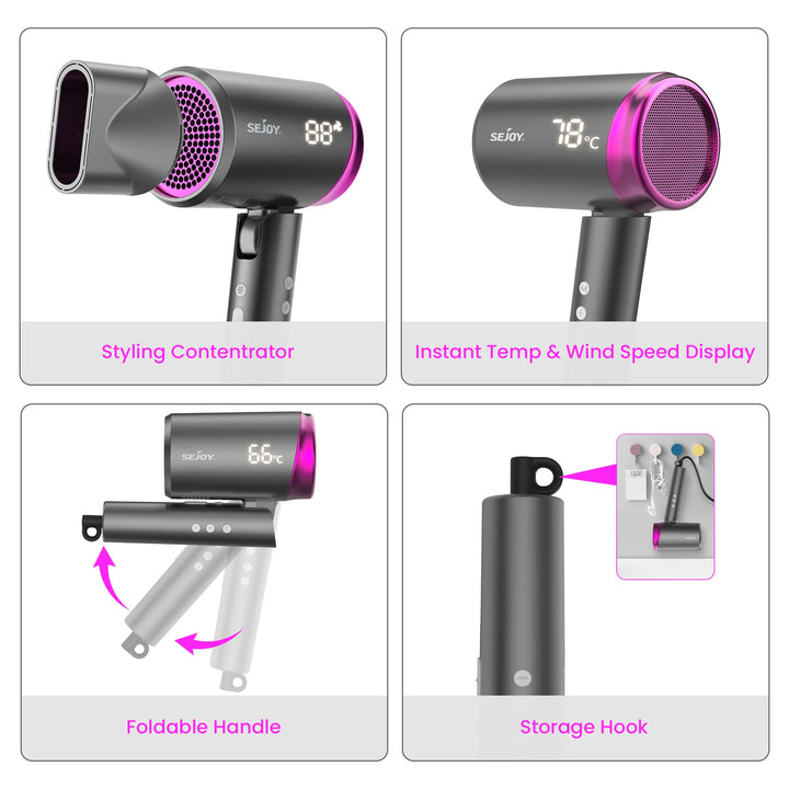 Perfect High Speed Hair Dryer, 1800W Powerful Fast Blow , LED Display Compactor for Travel